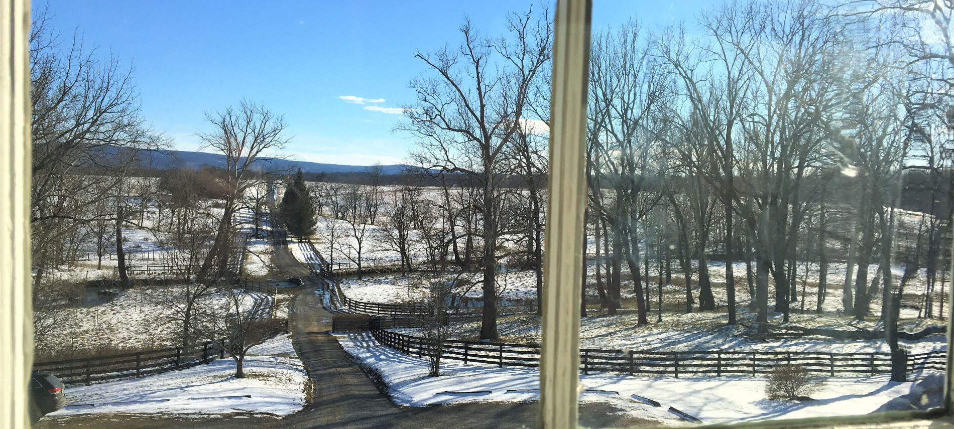 View from window of snow-covered walking paths and blue skies
